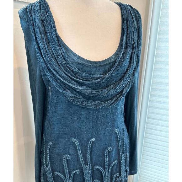 Soft Surroundings Blue Silk Beaux Arts Drape Neck Embroidered Tunic Blouse Small - Picture 4 of 7